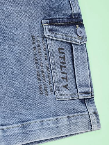 Image of KiddoPanti Boys Knee Length Cargo Denim Shorts with Flap Pockets & Button Closure Casual Wear
