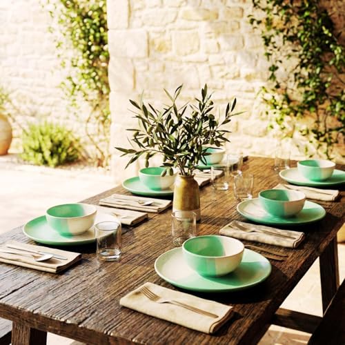 Image of Ceramic Dinner Set | 6-Piece Dual Tone Mint Green & Beige Speckled Plates & 6 Bowls | Elegant Serving Set for Meals & Dining Table