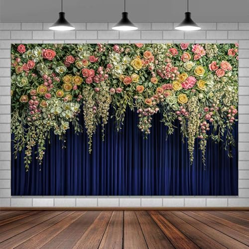5x3FT Flower Backdrop Navy Blue Spring Floral Photography Background Birthday Baby Shower Party Supplies Photo Booth Props