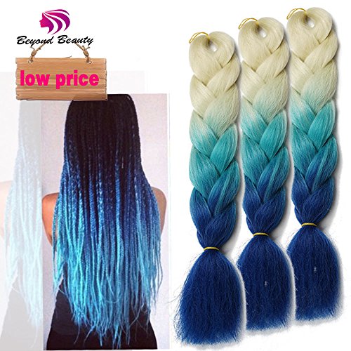 Synthetic Yaki Straight Ombre Jumbo Braiding Hair Extensions High Temperature Fiber Crochet Braids Hairstyles (Blonde Dark Light Blue)