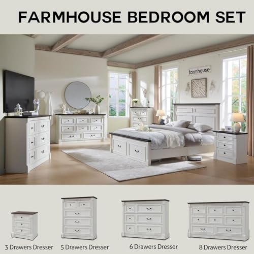 Image of Farmhouse 5 Drawers Dresser for Bedroom, 46 inch Tall Dressers & Chests of Drawers w /Roman Column, Large Storage Dressers Organizer for Bedroom, Hallway, Living Room, White