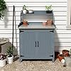 Outdoor Potting Bench Table Wooden Gardening Table with Metal Tabletop and Storage Cabinet Planting Table Garden Work Bench for Garden Patio Greenhouse
