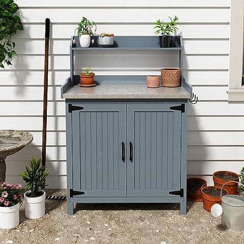 Outdoor-Potting-Bench-Table-Wooden-Gardening-Table-with-Metal-Tabletop-and-Storage-Cabinet-Planting-Table-Garden-Work-Bench-for-Garden-Patio-Greenhouse Outdoor Potting Bench Table Wooden Gardening Table with Metal Tabletop and Storage Cabinet Planting Table Garden Work Bench for Garden Patio Greenhouse