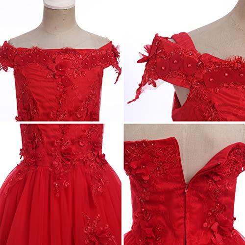 Flower Girl Dress Embroidery Lace Applique Beaded Off Shoulder Long Pageant Formal Wedding Party Dresses for Kids Baby Bridesmaid Birthday Communion Floor Length Tulle Ball Gowns Red 11-12 Years4