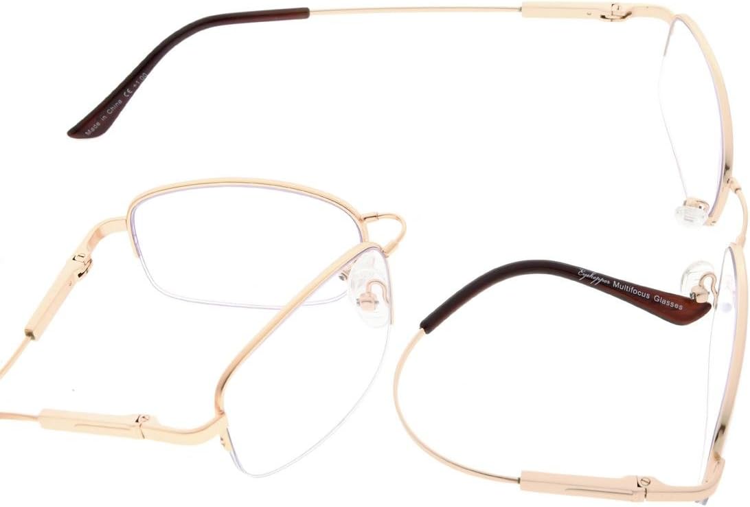 Eyekepper Half-Rim UV Protection Progressive Reading Glasses 3 Levels Multifocus Readers Men Women Bendable Memory Frame (Gold, 1.50)