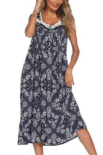 Image of AVIIER Cotton Nightgowns for Women Sleeveless House Dress Ladies Long Nightdress with Pockets S-XXL