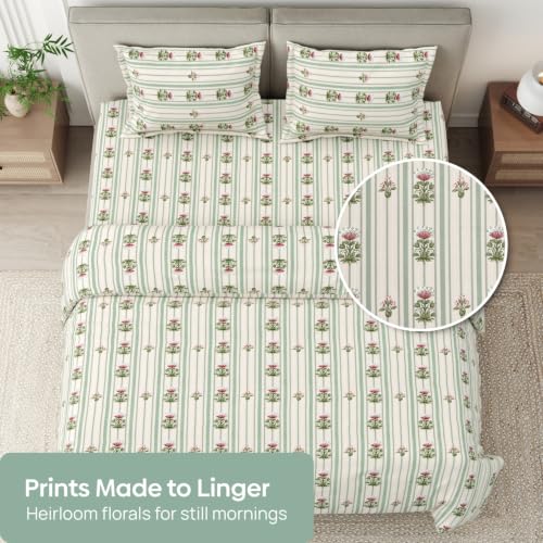 Image of Haus & Kinder Bedsheet for Double Bed King Size, King Size Bed Sheet Cotton with 2 Pillow Covers 108 Inch x 108 Inch| Premium Soft & Silky Pure Cotton 186 TC King Bedsheet | Striped Garden