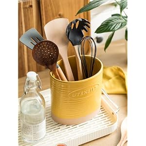 YHOSSEUN Kitchen Utensil Holder for Countertop Ceramic Utensil Holder for Kitchen Counter Cooking Utensil Holder Large Crock for Kitchen Tools Oval Shape Yellow