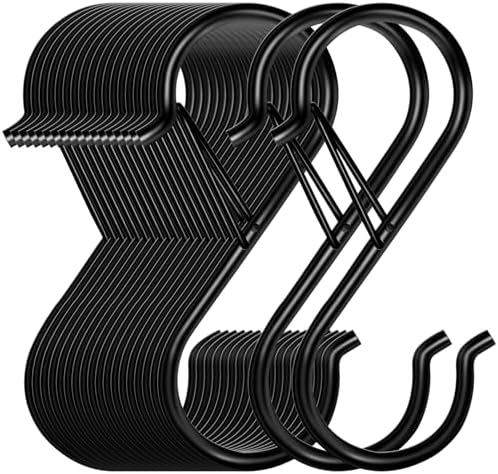 20 Pack S Hooks for Hanging, 3.5 inch Safety Buckle Design Heavy Duty Metal Black S Hooks for Hanging Plants, Pots, Pans, Cups, Clothes, Towels, Bags in Kitchen, Bathroom, Closet, Garden