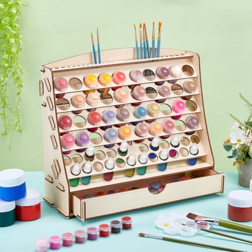 Image of Large Wooden Paint Rack Organizer for Holds 64 Bottles (2 Size) 30 Brushes Rack 1 Cabinets Craft Paints Organizers Storage Paint Holder Organizers Paints Bottle Organizer