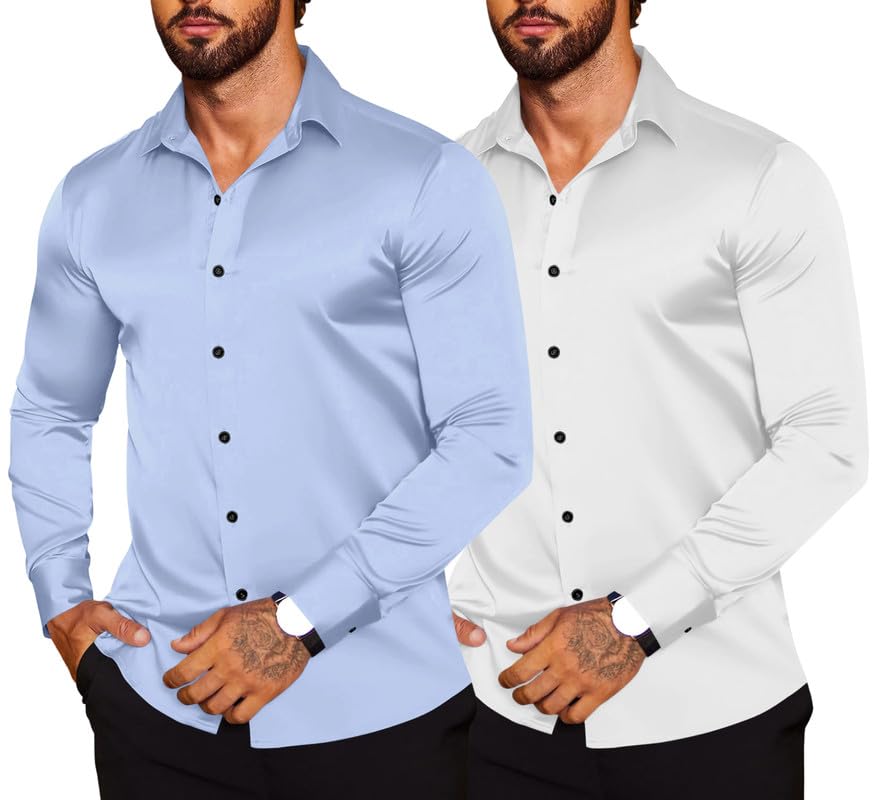 Image of Combo of Men's Premium Satin Cotton Shirt with Full Sleeves & Spread Collar | Smooth Finish | Slim Fit | Stylish Button Down Shirt for Evening, Casual Pack of 2