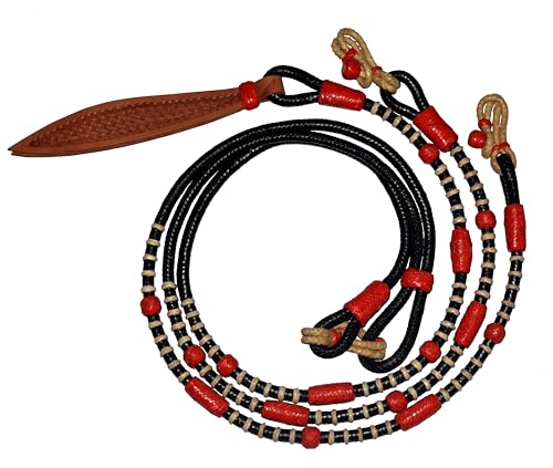 WeavingCraft Premium Quality Rawhide Rope with Red Leather Hand Braided Knots - Ideal for Horse Tack, Romal Reins, and Ranch Riding (Black)