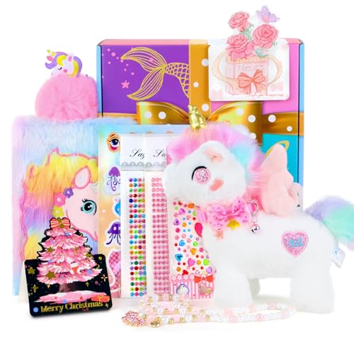 Einhorn Geschenke für Mädchen 3 4 5 6 7 8 Jahre, Spielzeug Geschenkset mit Kuscheltier, Tagebuch mit Schloss, Schmuck Set, DIY Sticker, Geschenk für Geburtstag, Weihnachten, Ostern, Back to School