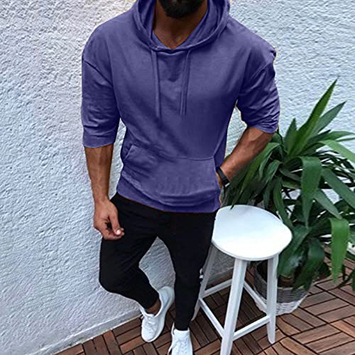 Men's Solid Color Hooded with Pocket Sweatshirt Lace-up Pullover 3/4 Sleeve Top for Fall(Blue,M)2