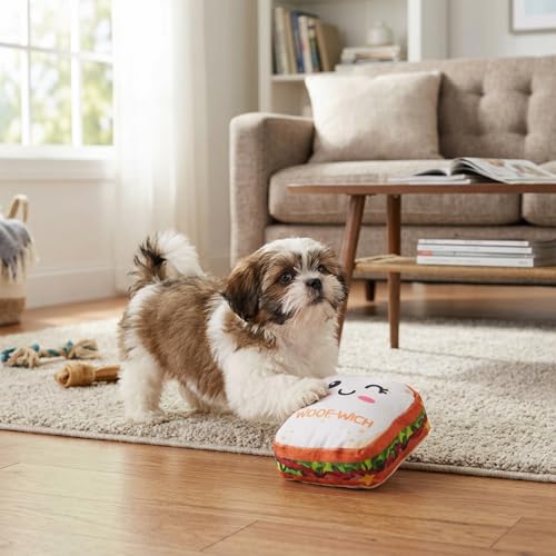 Image of Amazon Basics Squeaky Plush Dog Toy | Cute Sandwich Design | Crinkle & Squeak Sound | Soft & Durable | for Puppies & Small Dogs | Ideal for Chewing, Fetch & Play