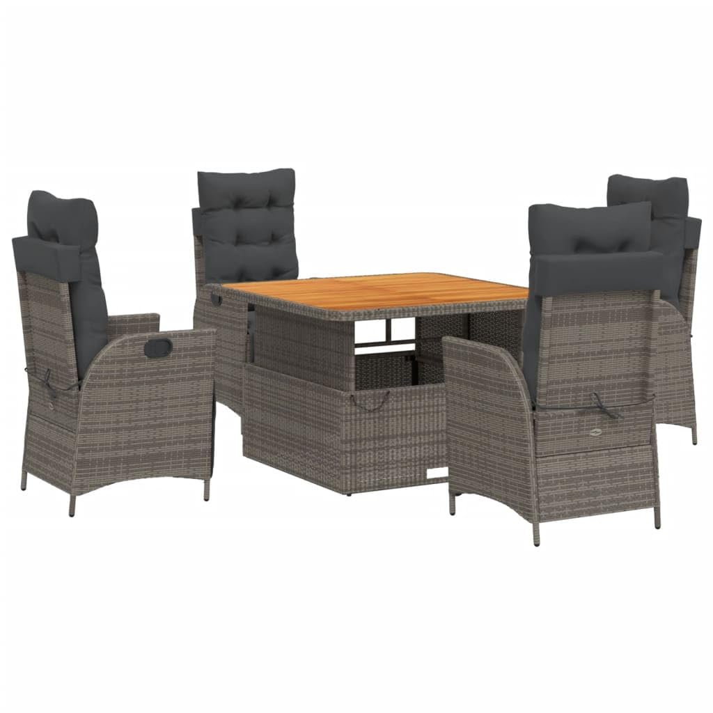 Conjunto de comedor de jardín para terraza con respaldo ajustable y tablero de mesa en color gris de poliratán, incluye cojines y fundas extraíbles