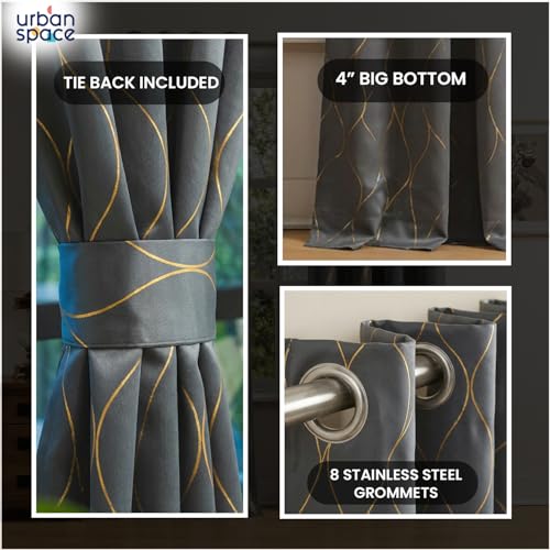 Image of Urban Space 80-85% True Blackout Curtains for Door, Gold Foil Printed Blackout Curtains, Blackout Decorative Door Curtain Eyelet with Tieback, 1 Piece Curtain for Living Room(Wave Stone Gray, 7 Feet)