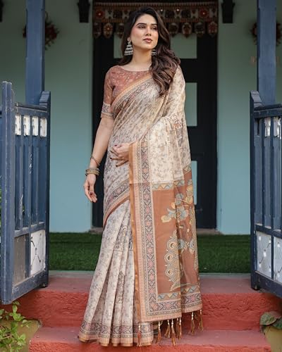 Image of ALMAARI FASHION Cotton Saree for Women with Floral Printed Design and Traditional Zari Border, Soft Lightweight Ethnic Saree for Wedding Festive Party Office Wear with Blouse Piece