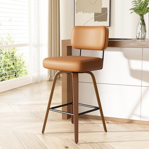 Image of Swivel Bar Stools Set of 1, 26 inch Upholstered Faux Leather Counter Height Barstools with Walnut Back & Bentwood Legs, Mid Century Modern Bar Chairs Island Stools for Kitchen Counter, Brown