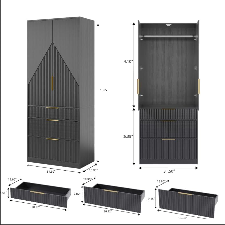 71.7" Wardrobe Armoire Wooden Closet with 2 Doors and 3 Drawers, Bedroom Armoire with Hanging Rod Shelf, Large Capacity Storage Wardrobe Armoire, Freestanding Wooden Closet Storage Cabinet Black - Image 3