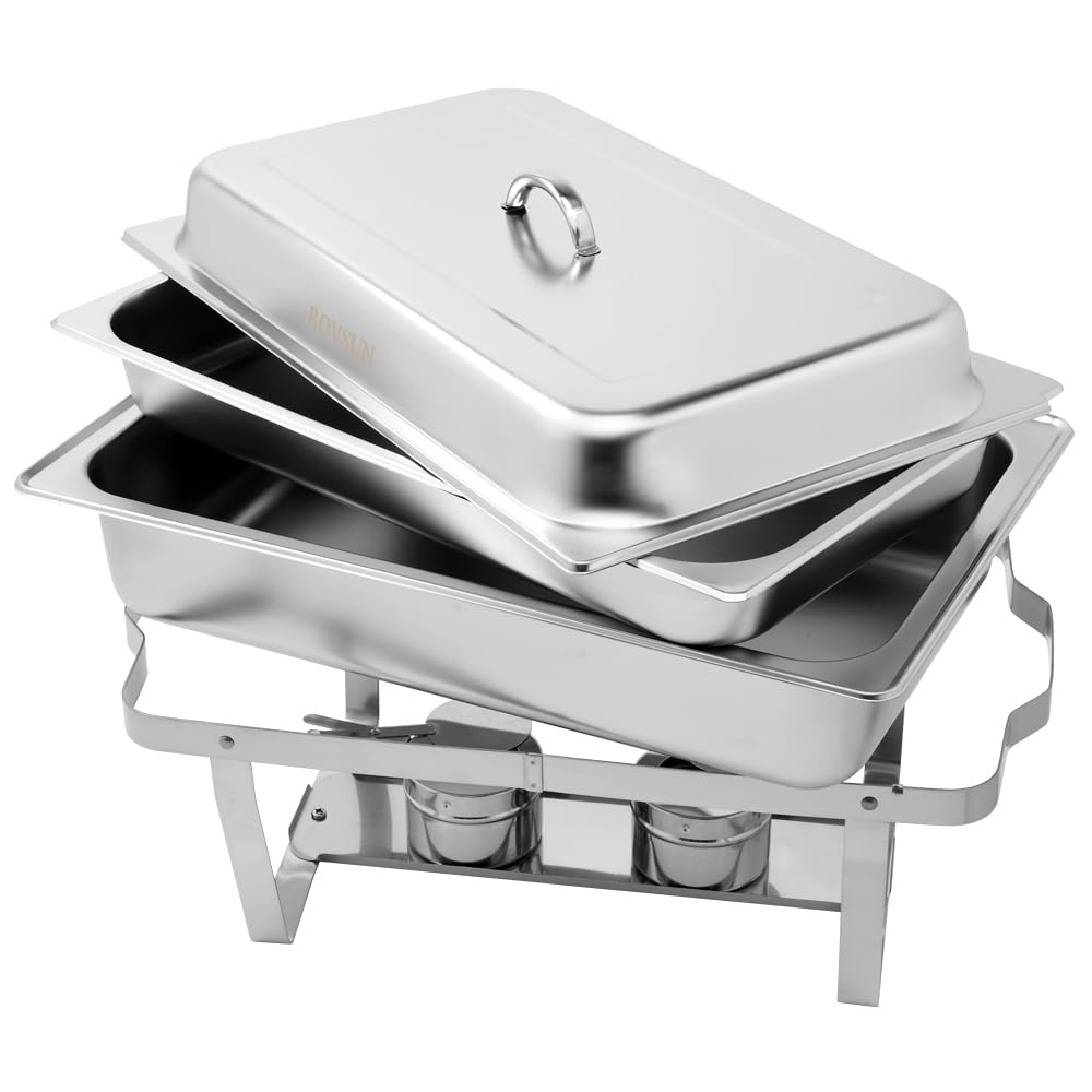 Rovsun Warmhaltebehälter Essen aus Edelstahl 9 L, Chafing Dish 60x36x30 cm, Speisenwärmer Speisebehälter,Wärmebehälter Buffet Wärmer Rechaud mit Rollrand & faltbaren Gestell 4pc