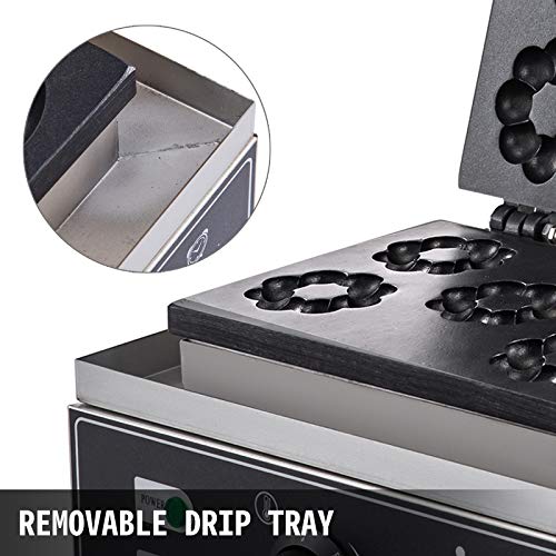VBENLEM 110V Commercial Donut Machine Plum Flower 5 Holes Double-Sided Heating 50-300℃, Electric Doughnut Maker 1500W, Non-stick Waffle Iron Teflon-Coating Professional Kitchen (Depth:0.55\",Dia:2.95\")