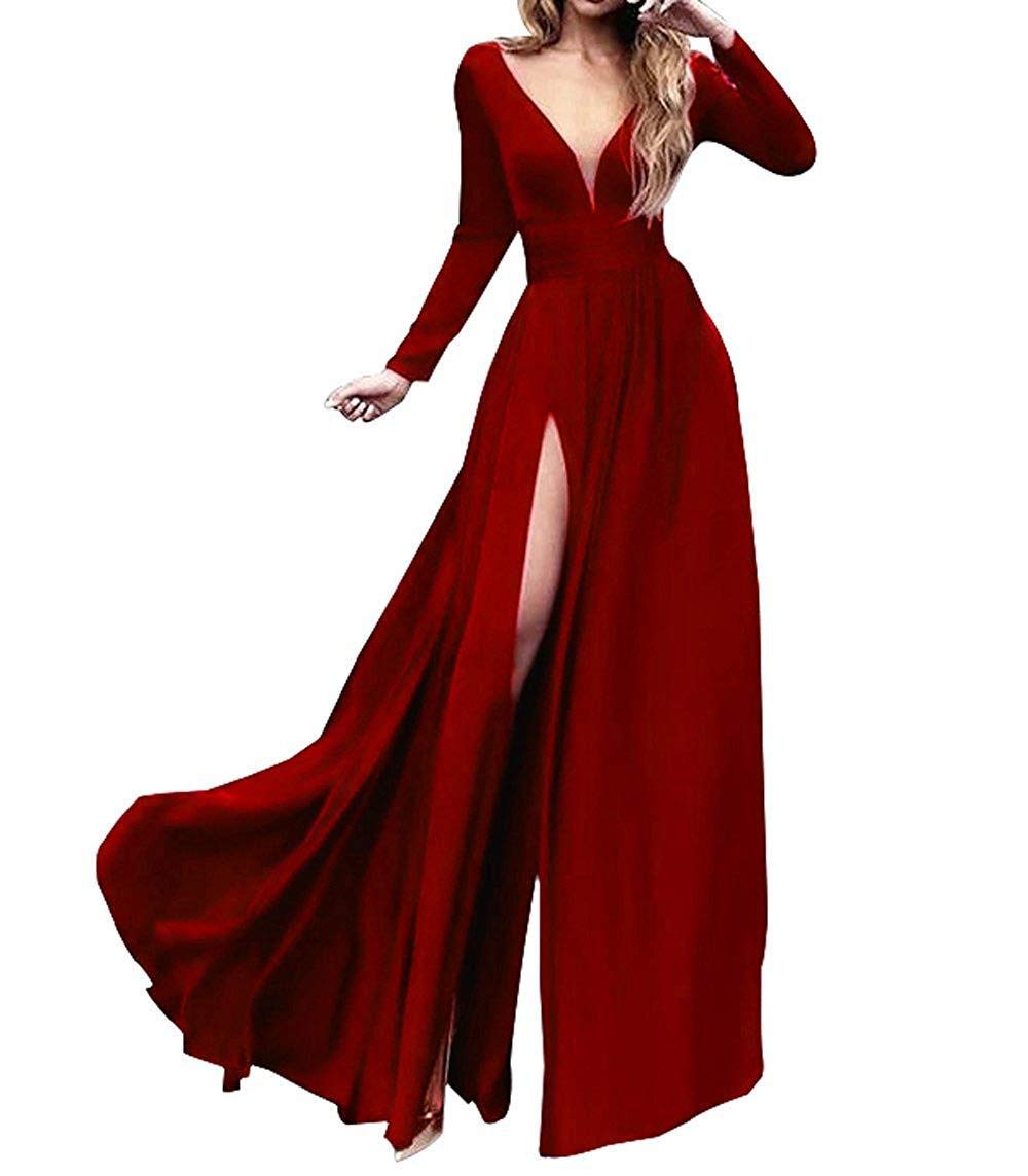 Women's V-Neck Side Split Prom Dresses Long Sleeve Evening Party Gown