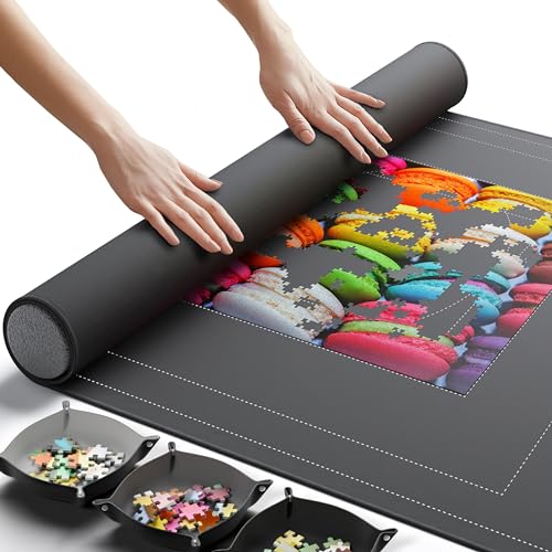 Newverest Puzzlematte zum Aufrollen 139.7 x 90.2 cm Für bis zu 3000 Teile rutschfeste Unterseite & Glatte Oberfläche + 3 Sortierschalen & Tragetasche für Reisen
