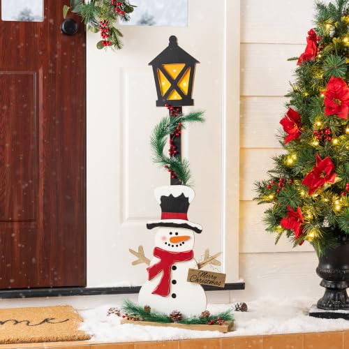 Image of Glitzhome 36.75 inch H Lighted Christmas Snowman Porch Sign,Whimsical Wooden Porch Decor with Illuminated Street Lamp & Timer,Merry Christmas Sign for Holiday Front Porch Outdoor Decorations