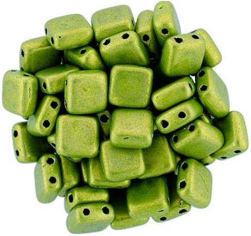 Czechmate 6mm Square Glass Czech Two Hole Tile Bead, Saturated Metallic Lime Punch (25 Beads)