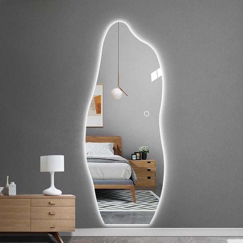 Image of LED Full Length Wall Mirror 48x18 Inch Irregular Shape Touch Sensor Light Dressing Mirror for Bedroom Living Room Vanity Decorative Modern Mirror with LED Light | 3 Color Lighting Modes