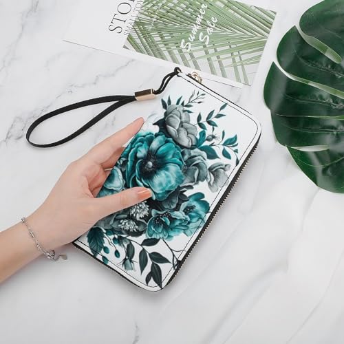 Teal And Black Flower Bouquet PU Leather Clutch Long Bifold Wallet, Coin Purse Credit Pass Case, Durable Card-Holder Money Storage for Women Men4