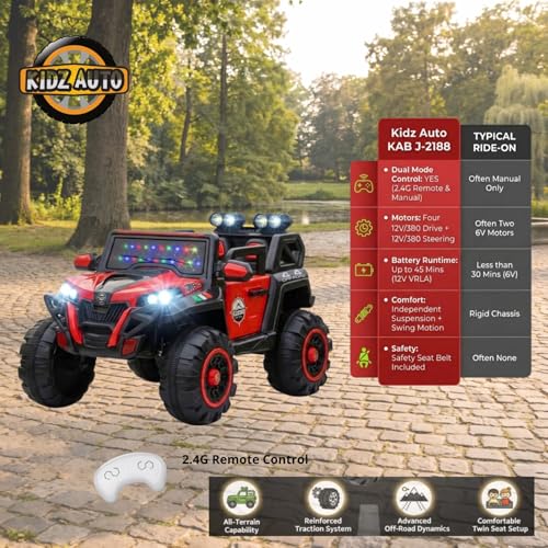 Image of KAB J 2188 Rechargeable Battery Operated Jeep for Kids with Remote Control | Electric Ride-On Toy Car with Music, Decorative Lights, Openable Doors, Suspension & Bonnet Lighting | Red