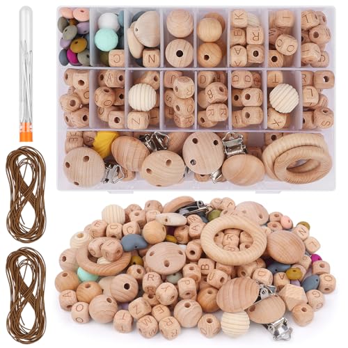 VINEST 204 Stück Buchenholz Perlen Selber Machen Beech Holzperlen Rund Holzkugeln mit Loch zum Auffädeln Holzperle Holzringe Set Holzperlen Holz Perlen für basteln DIY Schmuck Herstellung