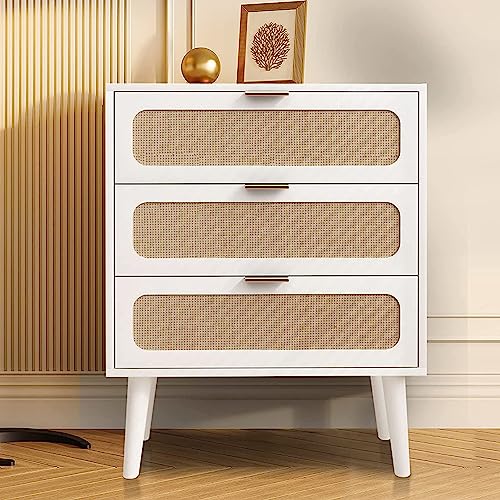 Image of QHITTY Drawer Dresser, Rattan Chest of Drawers with 3 Drawers Dresser, Accent Storage Cabinet Modern Bedside Table for Living Room, Entryway (White)