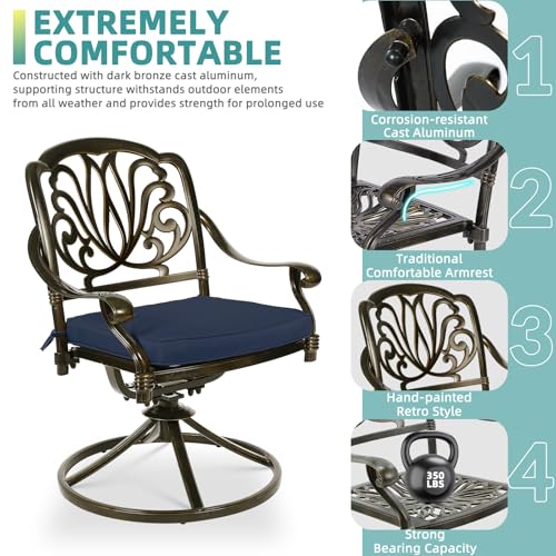 Image of MEETWARM 7-Piece Outdoor Patio Dining Set, All-Weather Cast Aluminum Patio Conversation Set for Backyard Garden Deck with 6 Cushioned Swivel Rocker Chairs, 1 Rectangular Table, Navy Blue