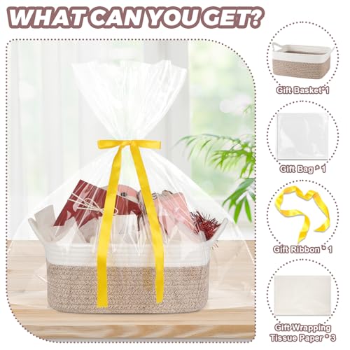 Image of OIASKET Gift Basket Empty with Handle, Small Woven Baskets for Gifts Empty | 13.6 inchx10 inchx5.9 inch, Baby Shower Toy Storage Baskets, Dog Toy Storage for Organizing, with Gift Bag Ribbon Tissue Paper
