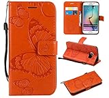 Amocase Wallet Leather Case with 2 in 1 Stylus for Samsung Galaxy S6 Edge,Premium Strap 3D Butterfly Magnetic PU Leather Stand Shockproof Card Slot Case for Samsung Galaxy S6 Edge - Orange