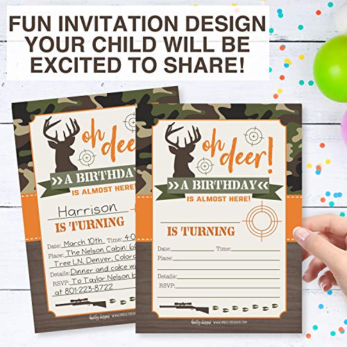 Image of Hadley Designs Kids Birthday Invitations For Boys Camo Theme - 25 Deer Hunting Birthday Party Invitations For Boys, Camouflage Oh Deer Invites For Boy, Cute Hunting Party Supplies, Made In USA