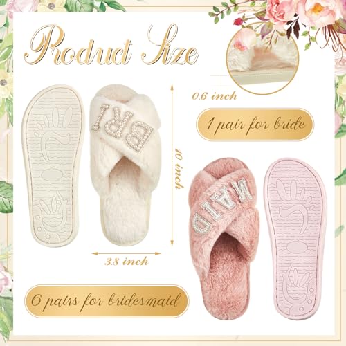 Shihanee 7 Pairs Bride and Bridesmaid Slippers Set Fuzzy White Pink Bridal Slippers Pearl Letter Open Toe for Bridal and Bachelorette Party Gifts2