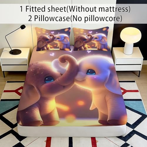 Drap-Housse 3D Imprimé Éléphant Microfibre Antidérapant Lit 200x200cm - 3