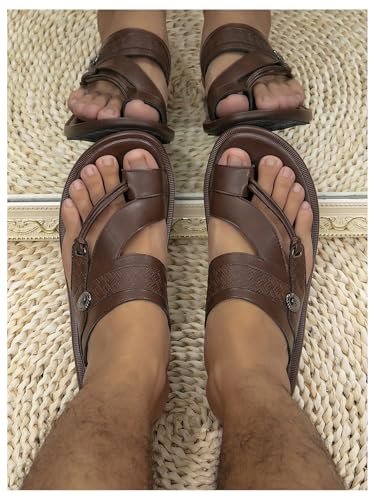Image of GORGLITTER Men's Leather Sandals Slide Beach Outdoor Round Flip Flops Slip On Slippers
