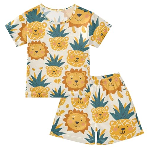 ALAZA Pineapple Lion Cartoon Pajamas Short Sleeve 2 Piece Sleepwear Top and Bottom Pajama Set Unisex