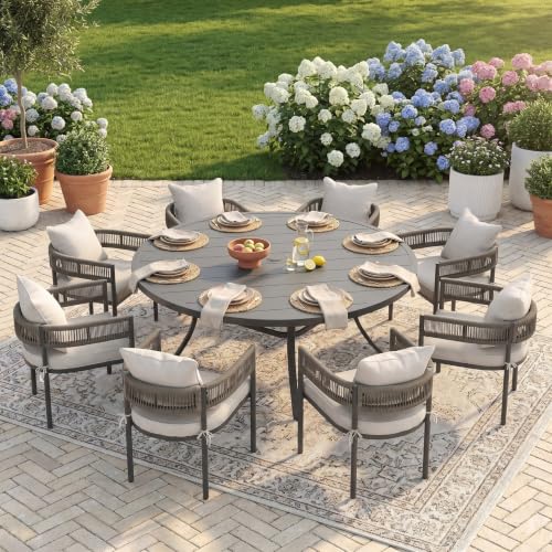 Image of VICLLAX Patio Dining Set for 8-63 inch Round Table & Cushioned Seats, Black