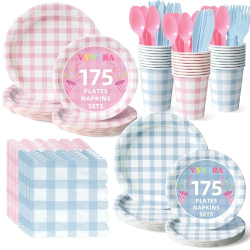 Vyntra 350 Pcs Pink & Blue Gingham Paper Plates and Napkins Set for 50 9 Dinner Plates & 7 Dessert Plate Tableware for Gender Reveal Birthday Party
