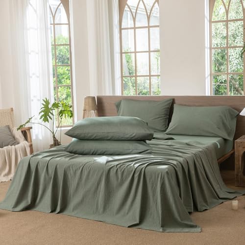 Image of MooMee Sheet Set 100% Washed Cotton Linen-Like Extra Deep Pocket King | Relaxed Linen-like Texture. Soft, Breathable & Lightweight Comfort. 15-19 inch Extra Deep Pocket with All-around Elastic