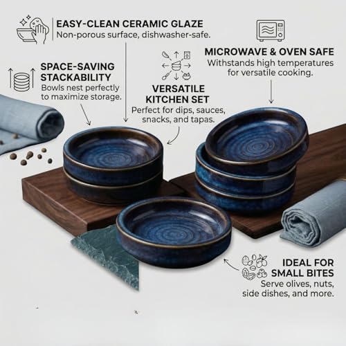 Image of Reactive Glaze Dip Bowl Set, Blue Ceramic Serving Bowls, Set of 6