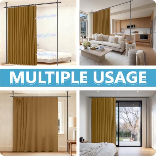 Image of JILRON Room Divider Curtain Set No-Drill : Includes 106 inch W x 84 inch L Brown Curtain & Adjustable Pole Brackets (35-100 inch W x 43-120 inch H Adjustable Range)