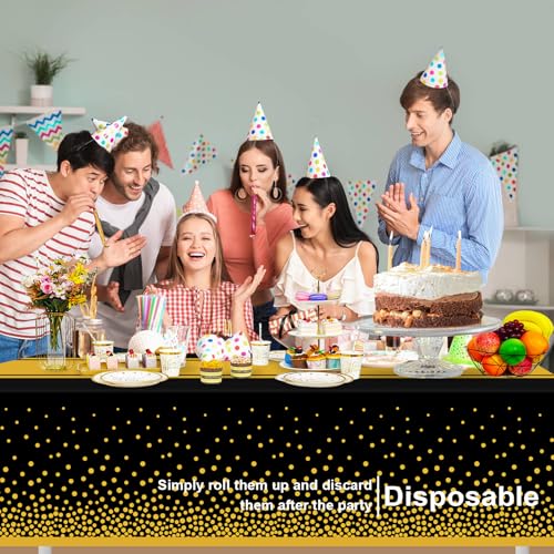 Image of 2 Pack Black and Gold Tablecloth Party Decorations Plastic Black Tablecloth Printed Gold Table Runner 54 x108 Inch Disposable Rectangle Table Cover for Birthday Wedding Graduation Anniversary