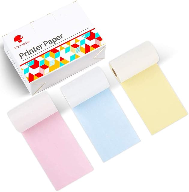Phomemo Printer Paper - M02/M02Pro/M02S/M03/M03AS/M04S Mini Sticker Printer Paper, Yellow/Pink/Blue Mini Bluetooth Pinter Paper - 53mm x 6.5m, Non-Sticky Sticker Paper, 3 Rolls